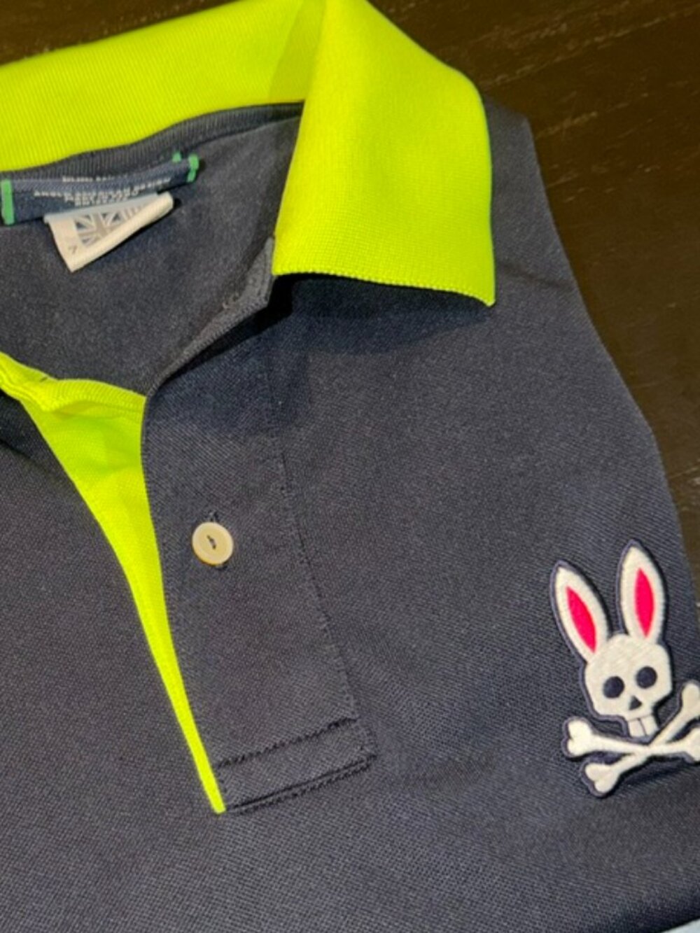 Psycho Bunny Polo Shirt Men's SZ 7 Navy Neon Yellow Performance Golf-Bunny Logo
